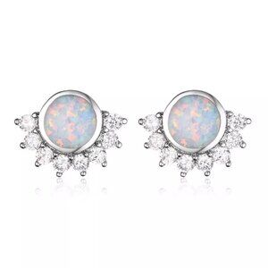 New Womens Opal & Diamond Cz 925 Sterling Silver Earring